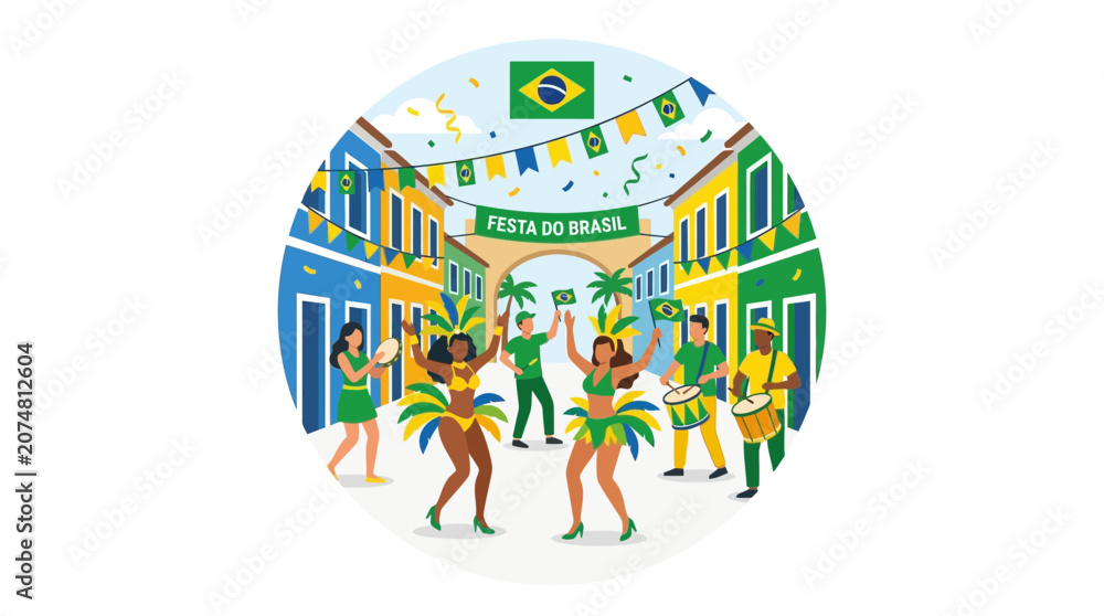 Fototapeta premium Brazilian Carnival Street Festival Celebration with Dancers and Musicians in Colorful Costumes