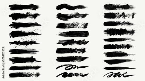 Black highlighter brush stroke lines set for underline banners, dry paint marker stripes, rough grunge ink smears and bold hand drawn highlight elements, Grunge paint lines
