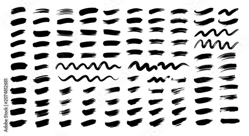 Black highlighter brush stroke lines set for underline banners, dry paint marker stripes, rough grunge ink smears and bold hand drawn highlight elements, Grunge paint lines
