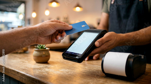 Close-up of Customer Paying with Contactless Credit Card at Cafe Counter