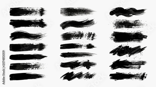 Black highlighter brush stroke lines set for underline banners, dry paint marker stripes, rough grunge ink smears and bold hand drawn highlight elements, Grunge paint lines
