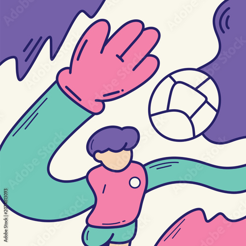 Stylized illustration of a soccer goalkeeper with exaggerated long arms in pink jersey, green sleeves, and pink gloves reaching for ball in midair, with abstract purple and cream background shapes.