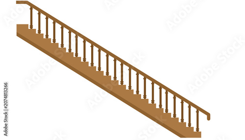 Classic wooden staircase illustration with elegant brown balustrade railing isolated on plain dark background