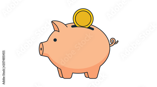 Piggy bank savings with gold coin depositing in minimalist flat vector for personal finance education
