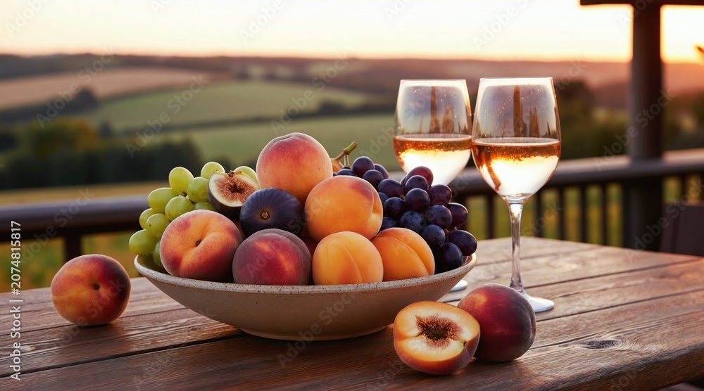 Fototapeta premium Wooden table with bowl of fresh fruit and two wine glasses. Outdoor terrace overlooking countryside at sunset. Peaceful evening meal setting for romantic relaxation or celebration.