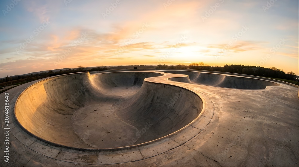 Fototapeta premium Empty concrete skate park bowl at sunset under a dramatic orange sky