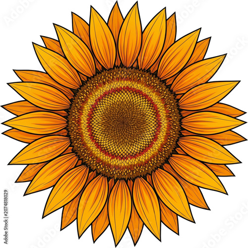 Golden Sunflower Bloom: A vibrant illustration of a sunflower, its large golden petals radiating from a richly textured center, symbolizing warmth, happiness, and the height of summer.