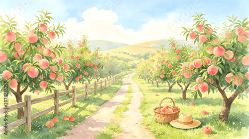 Countryside peach orchard summer harvest illustration background