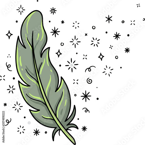 Feather with Sparkles: A light green feather floats gracefully, surrounded by a magical scattering of twinkling stars and playful swirls, symbolizing lightness and wonder.