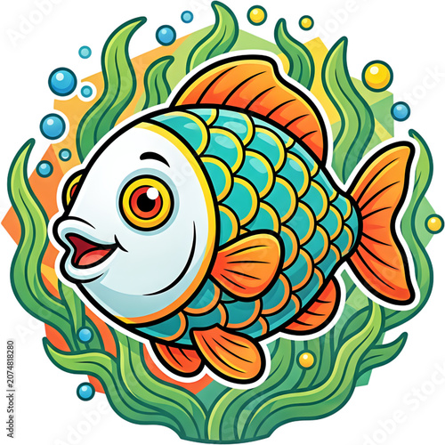Cute Cartoon Fish: An adorable, smiling cartoon fish with bright orange fins and turquoise scales swims cheerfully amongst vibrant green seaweed and floating bubbles.