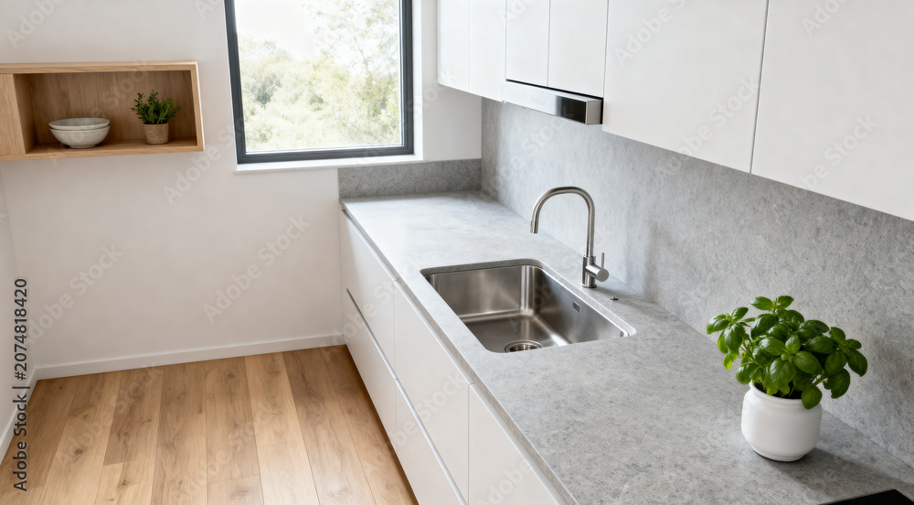 Fototapeta premium Modern Minimalist Kitchen Interior with Concrete Countertop Stainless Steel Sink and White Cabinets