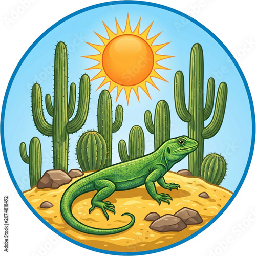 Desert Dweller: A vibrant green lizard basks under the scorching desert sun, surrounded by towering saguaro cacti and arid landscape. A symbol of resilience and adaptation in harsh environments.