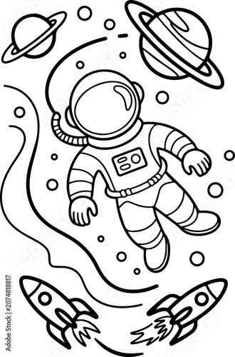 Astronaut floating in space with planets and rocket black and white illustration