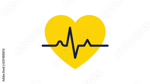 Heartbeat pulse ekg icon featuring a yellow heart and navy lifeline in minimalist flat vector for cardiology medical services