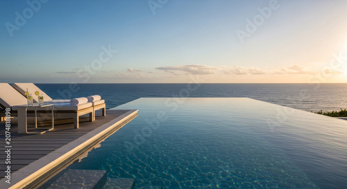 Luxurious Infinity Pool Overlooking the Vast Ocean at Serene Sunset, with Refreshing Drinks and Lounge Chairs