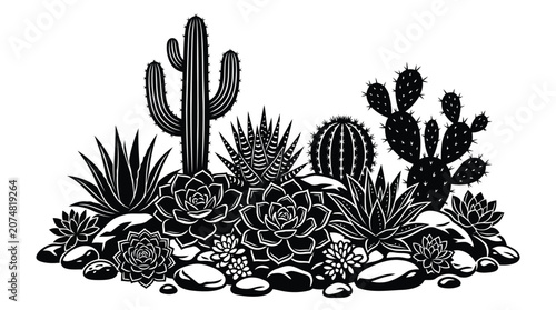 Schilderij op canvas Black and white desert cactus landscape