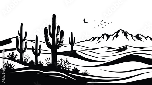 Photos Black and white desert landscape with cacti