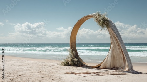 Arch Draped with Fabric and Flowers on a Beach with Ocean Waves in the Background Featuring Wedding, Ceremony, Decor with Nature