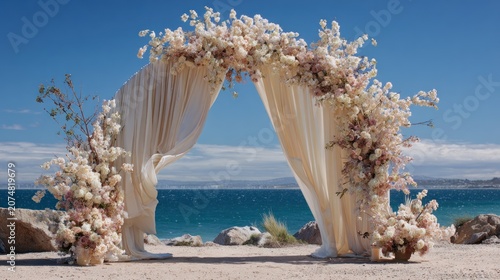 Curtain Arch Wedding Ceremony Decoration with Cream Drapes and Abundant White Pink Flowers by the Seaside