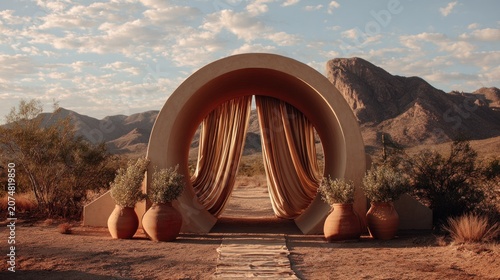 Archway with Flowing Curtain Backdrop, Terracotta Planters and Warm Desert Mountains Under Golden Hour Sky