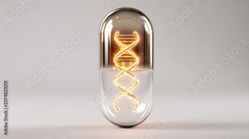 Dna Helix Concept Glowing Inside a Transparent Capsule on Smooth Studio Background, Futuristic Biotechnology Research Symbol