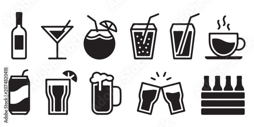 Foto Various alcoholic and non alcoholic drinks icons including beer glass wine bottle cocktails and coffee cup set