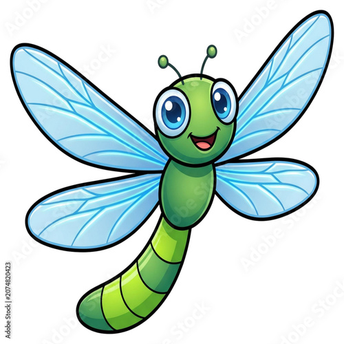 Happy Dragonfly Illustration: A cute and colorful cartoon dragonfly with large blue eyes and iridescent wings flutters happily against a white background, symbolizing joy and freedom.