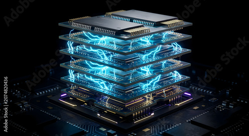 High-Tech 3D Render of Stacked DRAM Memory Chips with Glowing Blue Electrical Connections