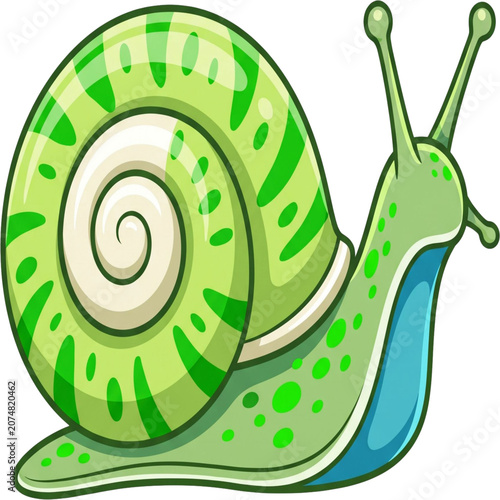 Cartoon Snail Illustration: A vibrant green cartoon snail with a swirled shell and dotted body moves slowly, its antennae extended.