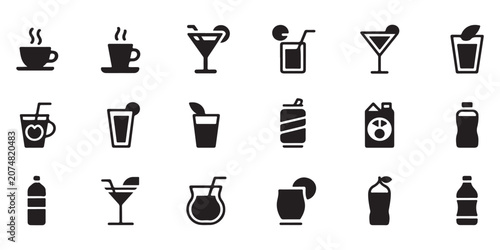 Quadro em tela Diverse drink silhouettes including hot coffee mugs fruit juice glasses and plastic water bottles for infographics