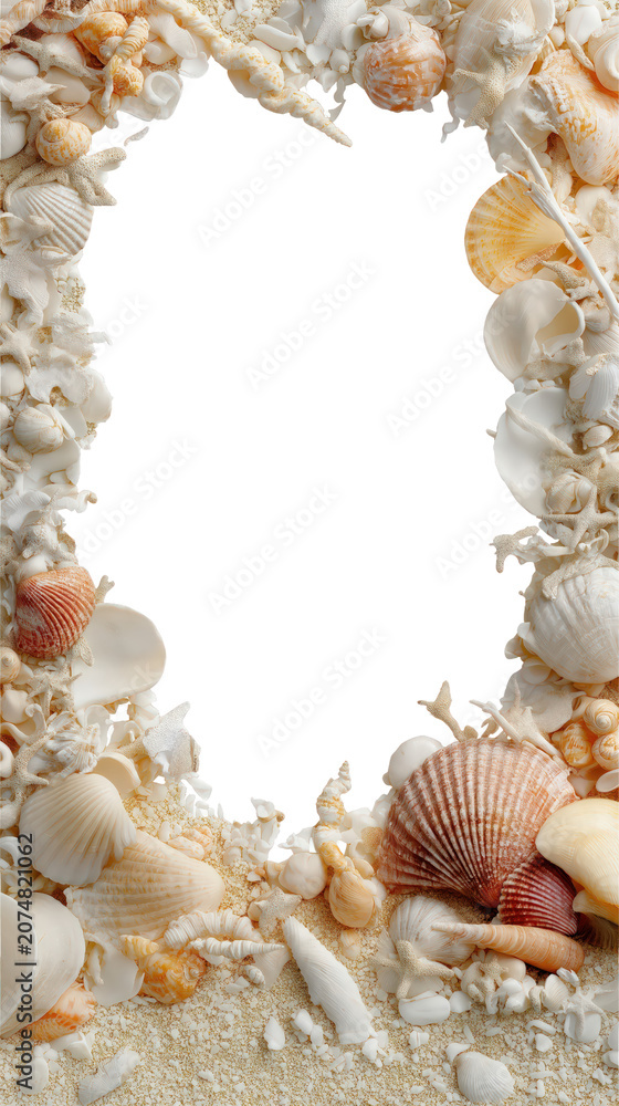 Obraz premium Seashell border frame beach sand coral ocean oval copy space marine decor
