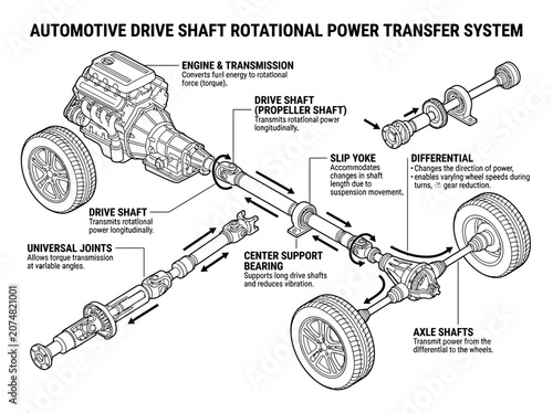 Принти на полотні Automotive drive shaft rotational power transfer system diagram.