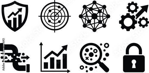 Set of flat black data analysis security risk management and business growth icons isolated on white background