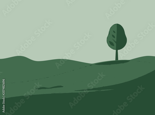 Minimalist Green Landscape with Single Tree on Rolling Hills