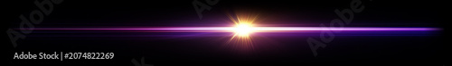 Anamorphic Horizontal Lens Flare with Bright Golden Burst and Purple Light Streak on Black Background