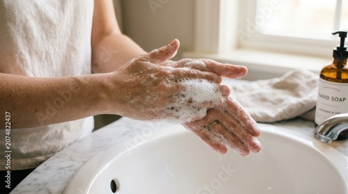 Person washing hands with soapy lather over white bathroom basin