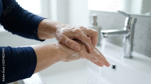 Washing hands rubbing palms together with soap bubbles close up