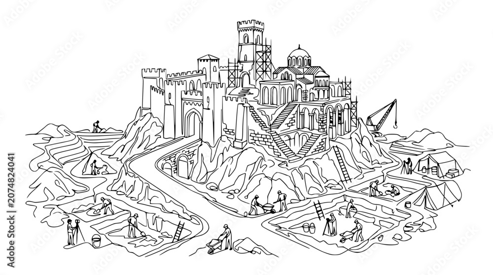 Obraz premium Castle Construction Site: Medieval Fortress Development with Workers and Cranes