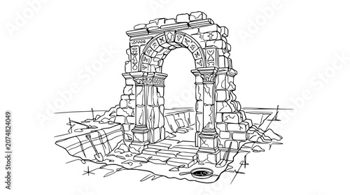 Cuadro en lienzo Ancient Stone Archway Ruins - Detailed Sketch Illustration