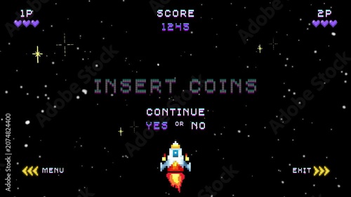 Pixel Art Retro Video Game Continue Screen Background with Insert Coins Text and Spaceship