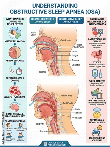 Diagram showing the mechanism of Obstructive Sleep Apnea and health consequences