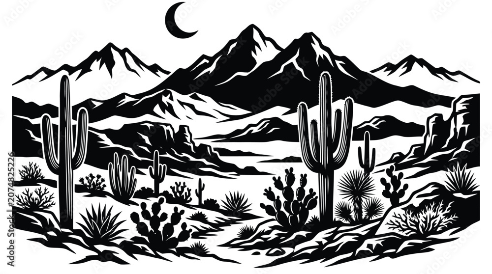 Fototapeta premium Desert landscape with cacti and mountains