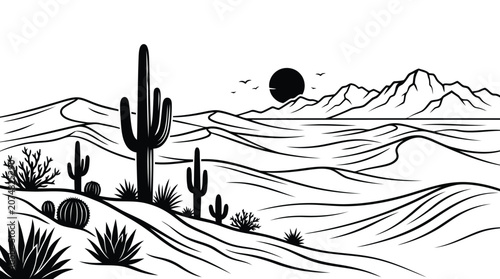 Bild auf Leinwand Desert landscape with cactus and mountains