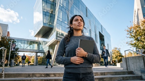 Young woman holding notebook looking up thoughtfully in front of modern university building with copy space