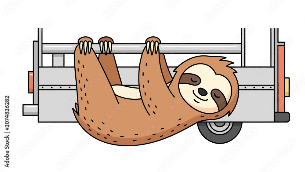 Obraz premium Cartoon sloth hanging from a truck bed railing seemingly asleep