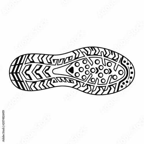 Black and white illustration of a shoe sole with intricate tread pattern