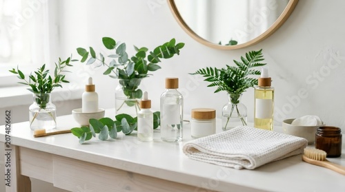 Natural cosmetics and essential oil bottles on bathroom shelf