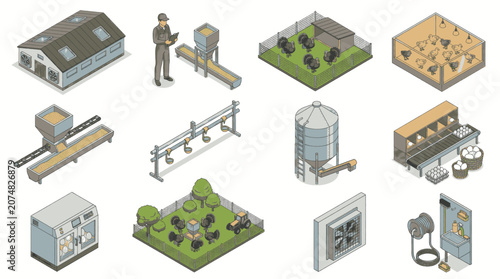 Fotografie Isometric illustration of modern poultry farming equipment and facilities, including coops, feeders, and a farmer