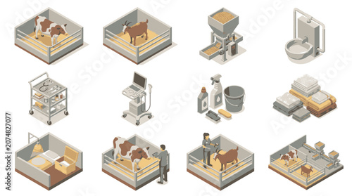 Fotografía Isometric veterinary clinic and farm equipment icons representing animal care and farming processes