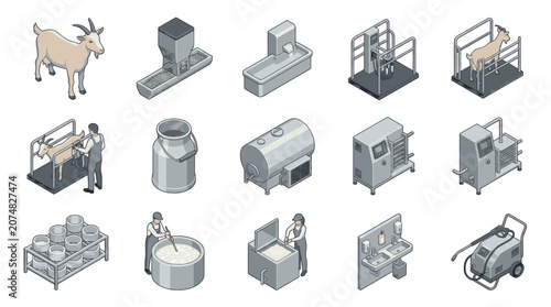 Bild auf Leinwand Isometric illustration of goat farming and dairy production equipment, including milking machines and cheese making tools